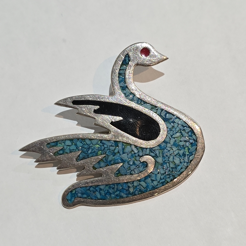 Turquoise Inlay Sterling Silver Swan Brooch  Mexico
